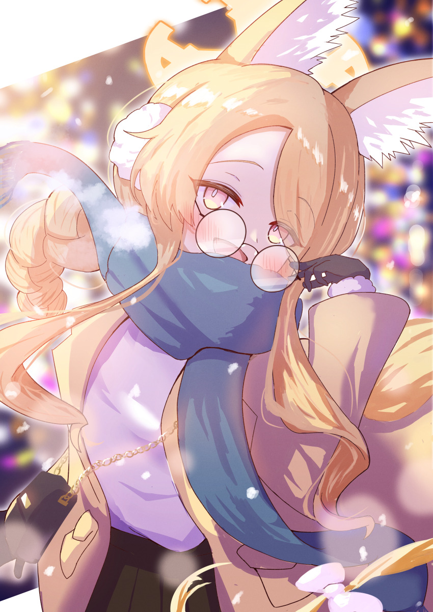 1girl, absurdres, animal_ear_fluff, bespectacled, black_gloves, blonde_hair, blue_archive, blue_scarf