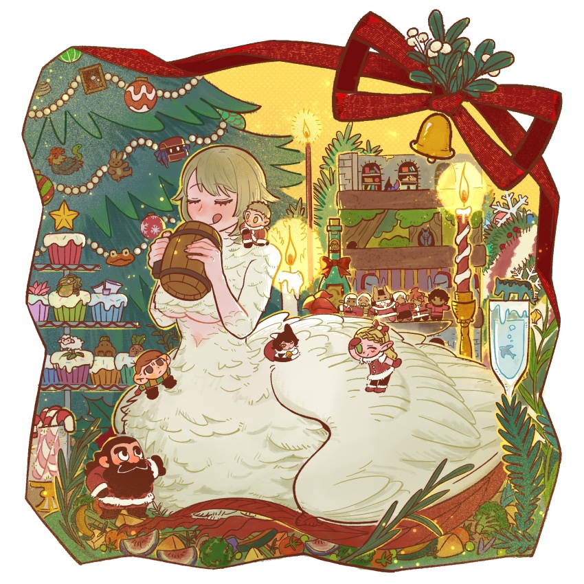 3boys, 3girls, :q, beard, beer_mug, bell, brown_hair, candle