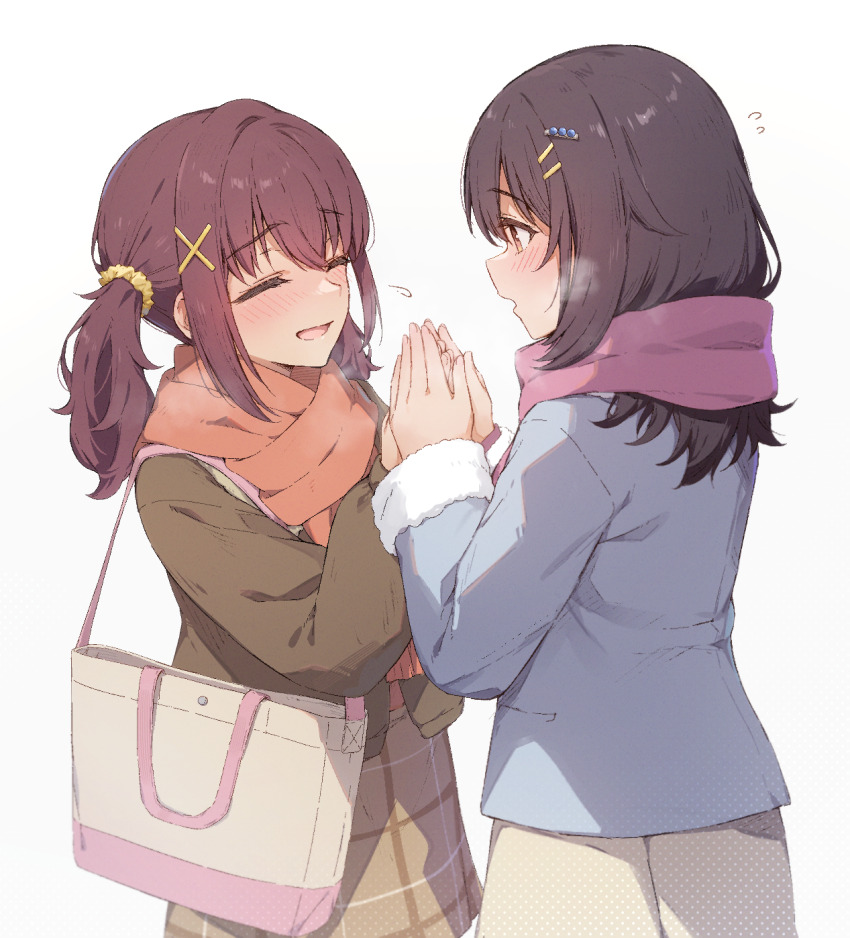 2girls, bag, black_hair, blue_jacket, breath, brown_hair, brown_jacket, brown_skirt