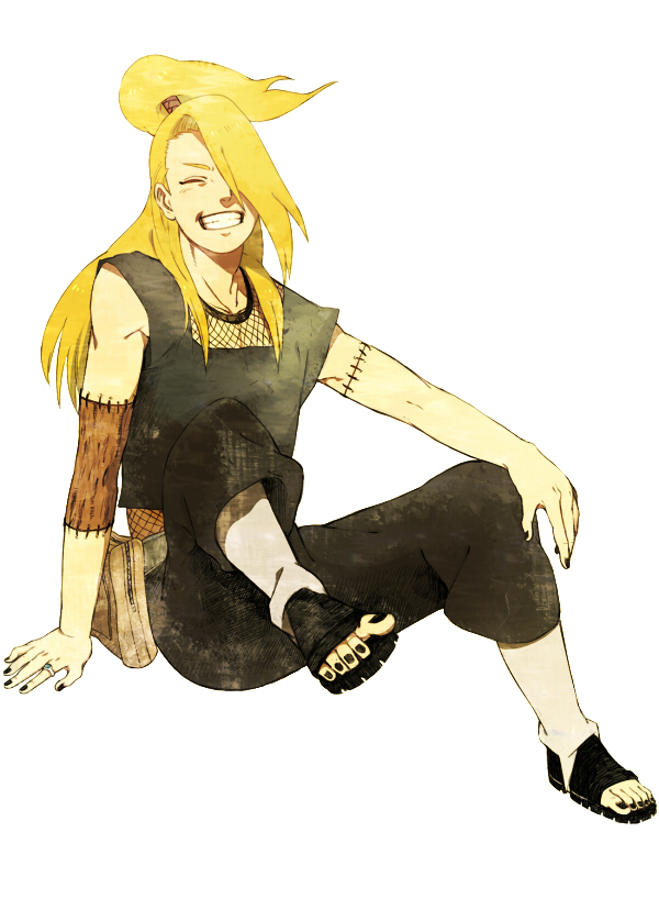 1boy, akatsuki_(naruto), bad_id, bad_pixiv_id, blonde_hair, closed_eyes, deidara_(naruto), grin, hair_over_one_eye, long_hair, male_focus, naruto_(series), naruto_shippuuden, ponytail, scar, simple_background, sitting, smile, solo, stitches, zukeban