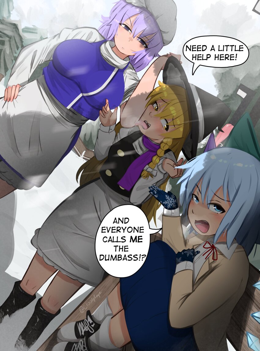 3girls, absurdres, apron, arm_up, black_boots, black_vest, blonde_hair, blue_eyes