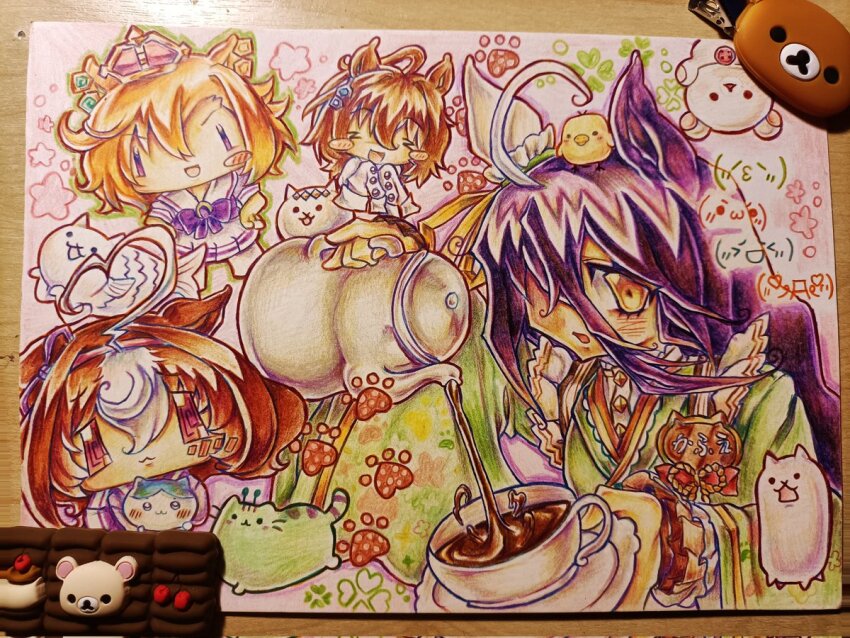 4girls, agnes_tachyon_(umamusume), alien, cat_(nyanko_daisensou), cat_fish_(nyanko_daisensou), chiikawa, clover, crown