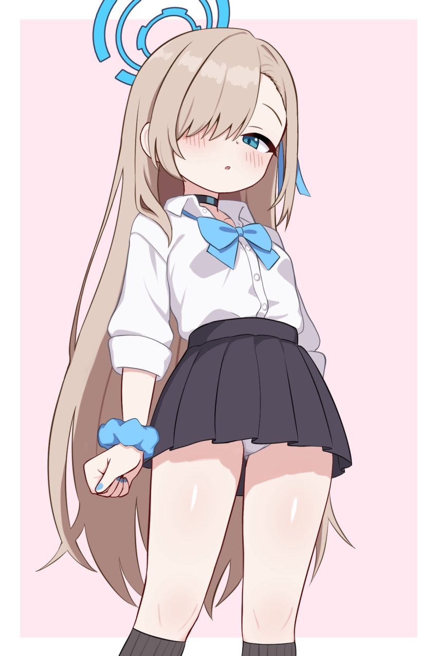 1girl, aged_down, alternate_breast_size_(smaller), asuna_(blue_archive), asuna_(school_uniform)_(blue_archive), black_choker, black_skirt, blue_archive