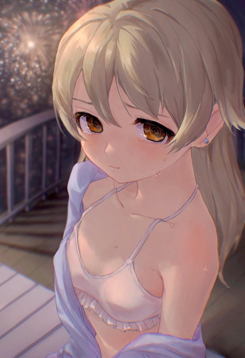 1girl, @_@, aerial_fireworks, bare_shoulders, blonde_hair, blue_shirt, blurry, blurry_background, blush, bra, breasts, brown_eyes, closed_mouth, collarbone, commentary_request, double-parted_bangs, earrings, fireworks, highres, idolmaster, idolmaster_cinderella_girls, jewelry, long_hair, looking_at_viewer, morikubo_nono, okubatomaeba, shirt, shirt_partially_removed, small_breasts, smile, solo, stud_earrings, sweat, underwear, upper_body, white_bra