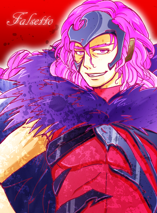 10s, 1boy, bad_id, bad_pixiv_id, character_name, dann1230, falsetto_(precure), fur_trim, grin, half_mask, long_hair, male_focus, mask, pink_eyes, pink_hair, precure, red_background, smile, solo, spoilers, suite_precure