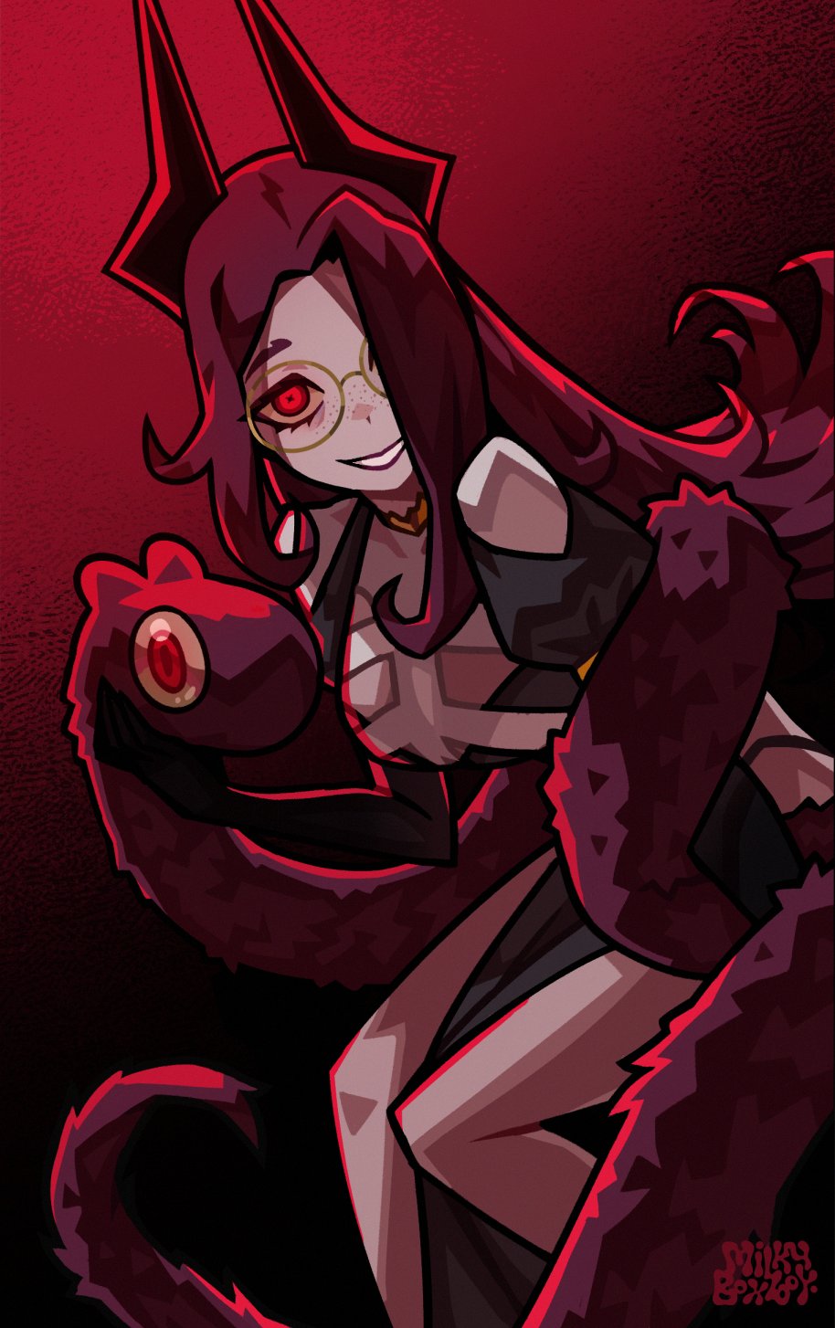 1girl, black_loincloth, colored_sclera, colored_skin, freckles, giwi_(vtuber), glass, grey_skin