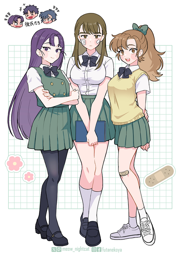 3boys, 3girls, ankle_socks, arms_behind_back, artist_name, bandage_on_face, bandages, bandaid