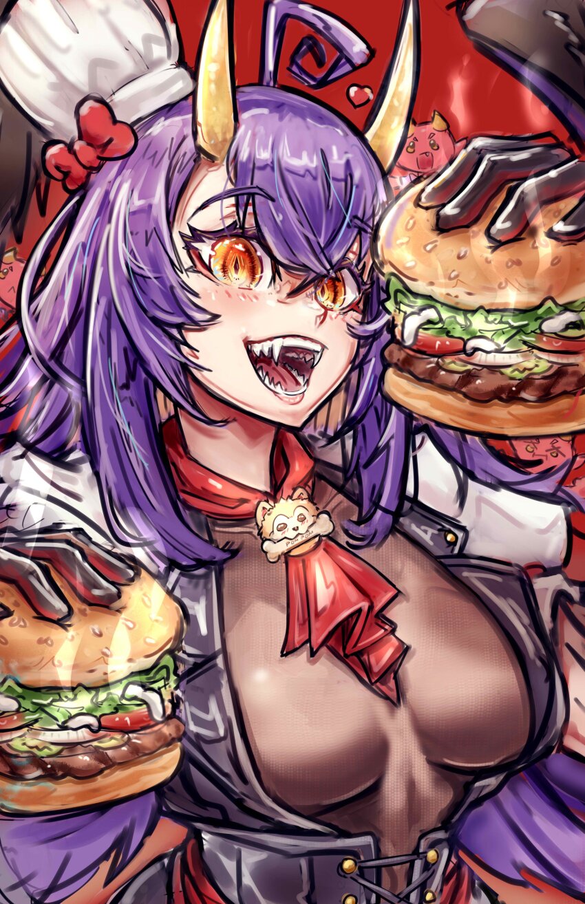 1girl, absurdres, ahoge, bow, breasts, burger, chef_hat, commission