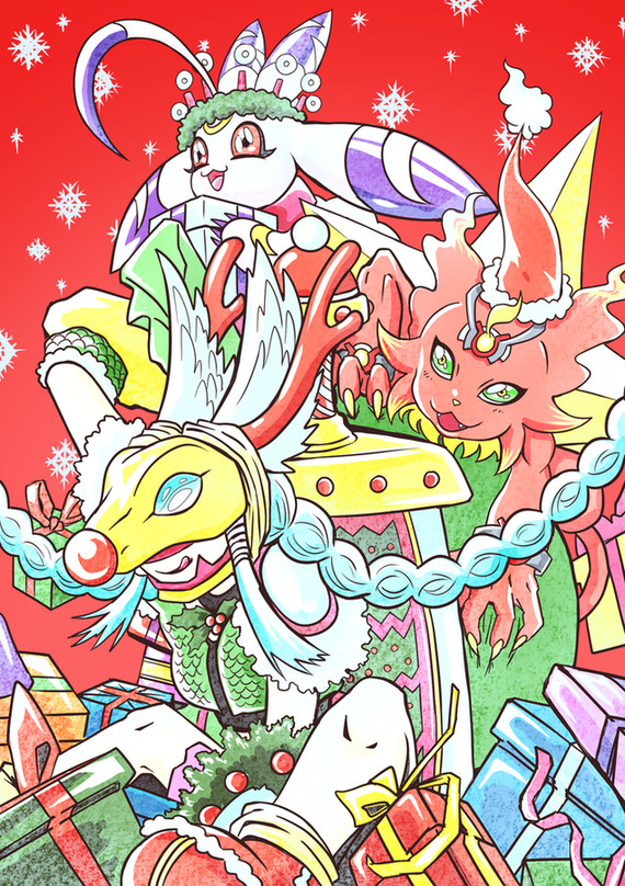 braid, christmas, coronamon, digimon, digimon_(creature), kristan_zinonos, long_hair, lunamon, mask, minervamon, wings