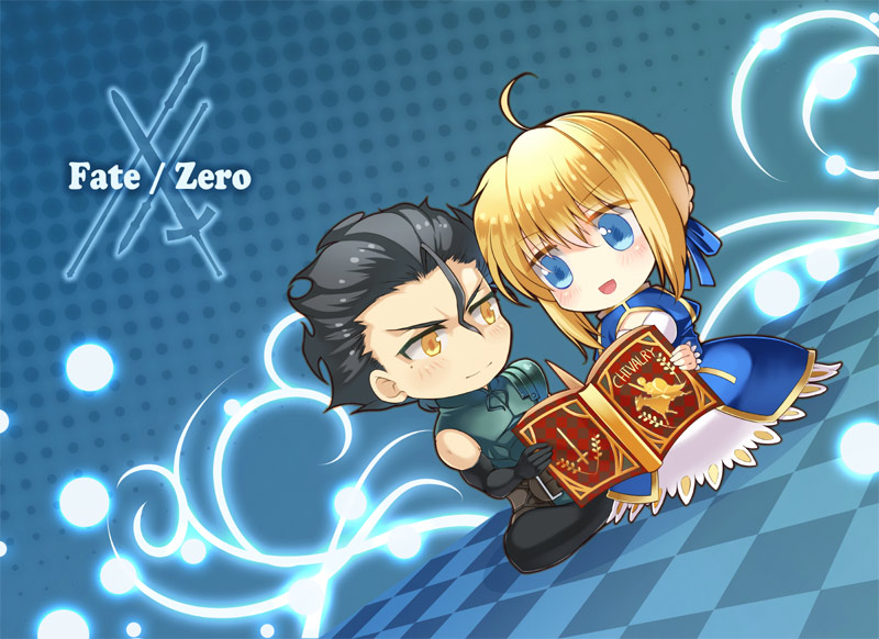 1boy, 1girl, ahoge, aisagi, artoria_pendragon_(fate), black_hair, blonde_hair, blue_eyes