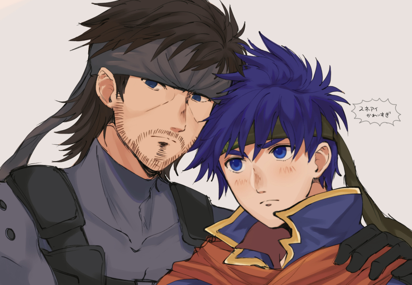2boys, beard_stubble, blue_eyes, blue_hair, blush, brown_hair, closed_mouth, commentary_request