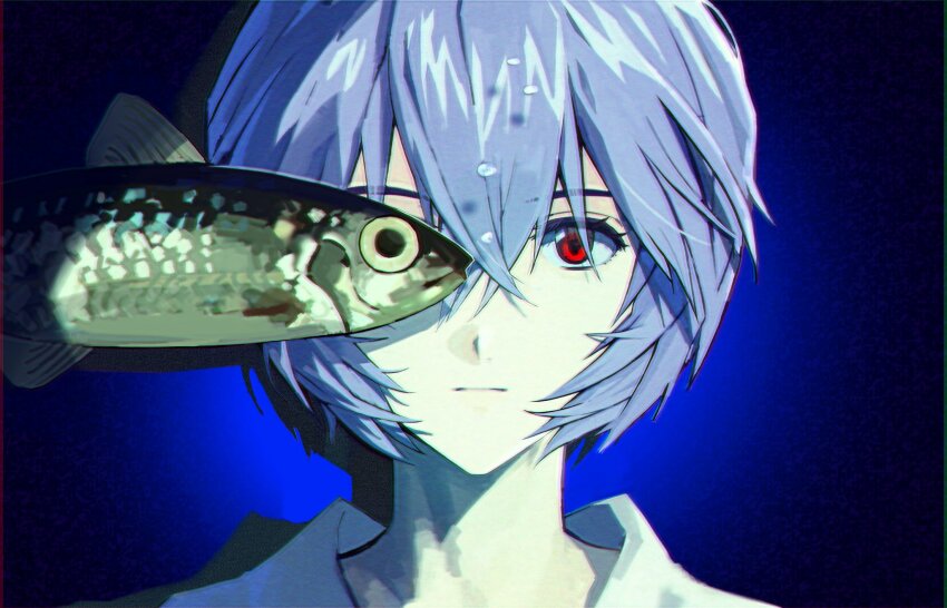 1girl, ayanami_rei, blue_background, blue_hair, bob_cut, close-up, closed_mouth, expressionless, fish, gradient_background, highres, kuhuku36, looking_at_viewer, neon_genesis_evangelion, red_eyes, shadow, short_hair, solo, wet, wet_hair