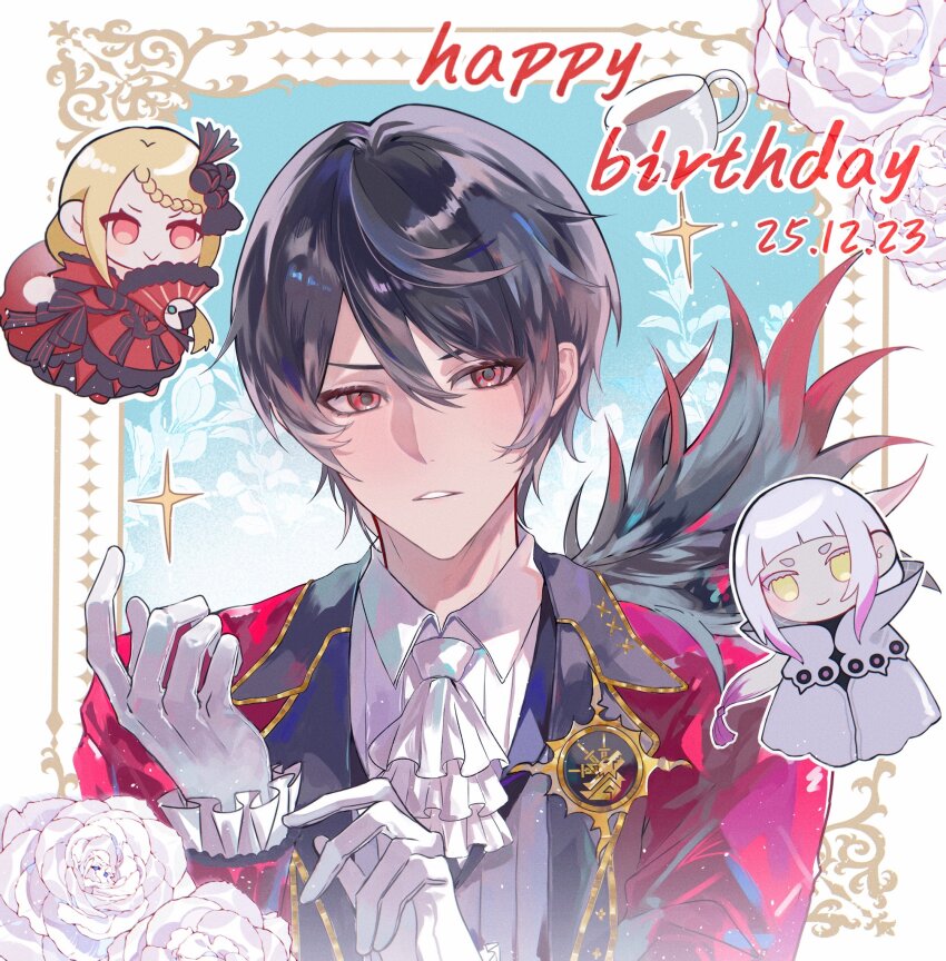 1girl, 2boys, adjusting_clothes, adjusting_gloves, ascot, azhe_kanata, black_hair, blonde_hair, border, braid, braided_bangs, chibi, chisha_gold, closed_mouth, collared_shirt, cup, dated, dress, flower, folding_fan, frilled_sleeves, frills, gloves, hair_between_eyes, hand_fan, happy_birthday, highres, holding, holding_fan, jacket, long_hair, long_sleeves, looking_at_viewer, male_focus, mug, multicolored_hair, multiple_boys, multiple_girls, parted_lips, priscilla_barielle, re:zero_kara_hajimeru_isekai_seikatsu, red_dress, red_eyes, red_jacket, rose, shirt, short_hair, smile, sparkle, upper_body, vest, vincent_vollachia, white_ascot, white_flower, white_gloves, white_hair, white_rose, white_shirt, yellow_eyes