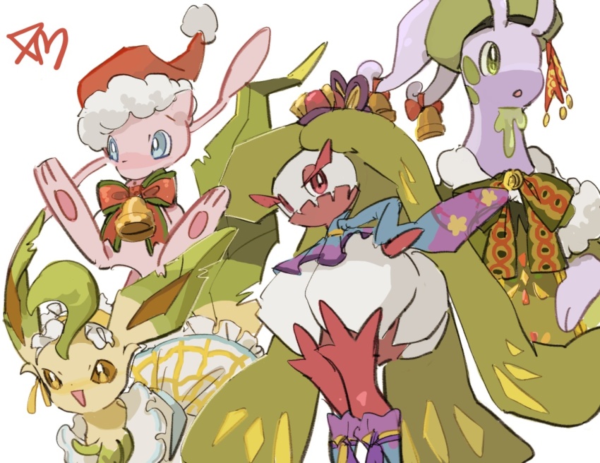 1girl, bell, blue_eyes, brown_eyes, cc8nw42u15apug0, colored_skin, commentary_request, gen_1_pokemon, gen_4_pokemon, gen_6_pokemon, gen_7_pokemon, goodra, goodra_(holiday), green_eyes, green_hair, hat, japanese_clothes, kimono, leafeon, leafeon_(checkered), legendary_pokemon, mew_(holiday)_(pokemon), mew_(pokemon), monster_girl, mythical_pokemon, nintendo, open_mouth, pink_eyes, pink_skin, plant_girl, pokemon, pokemon_(creature), pokemon_unite, ribbon, santa_hat, simple_background, smile, tsareena, tsareena_(kimono), white_background, white_skin