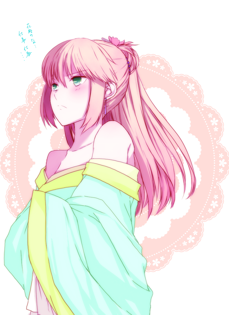 1boy, 5204, bare_shoulders, blush, earrings, frown, green_eyes, hair_bun, japanese_clothes, jewelry, long_hair, male_focus, pink_hair, sangoku_rensenki, shiryuu_(sangoku_rensenki), sidelocks, single_hair_bun, solo, trap