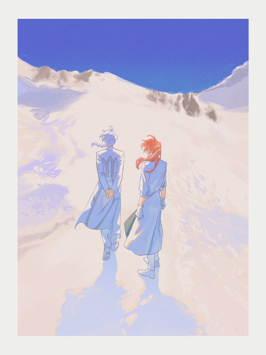 2boys, ahoge, arms_at_sides, arms_behind_back, border, braid, chaldea_uniform, clenched_hands