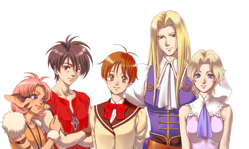 1990s_(style), 2boys, 3girls, allen_schezar, animal_ears, arm_hug, ascot, bad_id