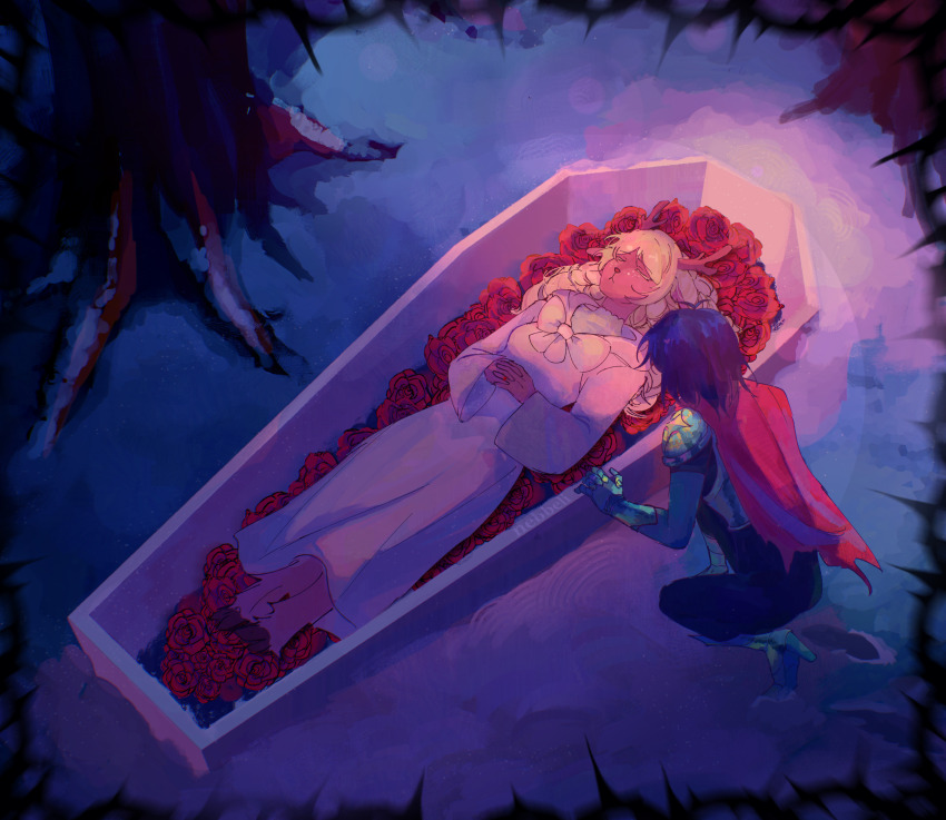 1girl, 1other, absurdres, blonde_hair, blue_background, blue_hair, blue_skin, cape, coffin, colored_skin, death, deltarune, dress, flower_bed, from_above, full_body, highres, kris_(dark_world)_(deltarune), kris_(deltarune), nebbeli, noelle_holiday, noelle_holiday_(dark_world), tree, utdr_(toby_fox)