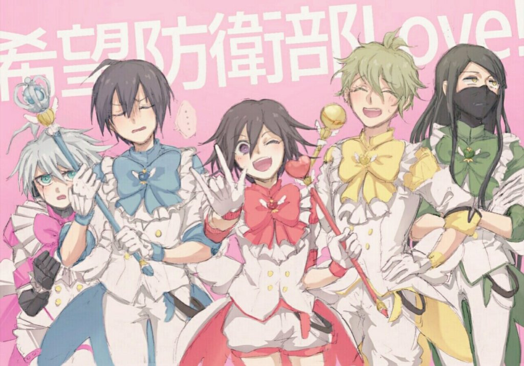 ..., 5boys, \m/, ahoge, amami_rantaro, androgynous, android, annoyed, antenna_hair, aqua_eyes, battle_lover_cerulean, battle_lover_cerulean_(cosplay), battle_lover_epinard, battle_lover_epinard_(cosplay), battle_lover_scarlet, battle_lover_scarlet_(cosplay), battle_lover_sulfur, battle_lover_sulfur_(cosplay), battle_lover_vesta, battle_lover_vesta_(cosplay), belt, binan_koukou_chikyuu_bouei-bu_love!, black_belt, black_hair, black_mask, blue_bow, blue_bowtie, blue_shirt, bow, bowtie, brooch, clenched_hand, closed_eyes, coattails, collared_shirt, commentary_request, cosplay, crossed_arms, danganronpa_(series), danganronpa_v3:_killing_harmony, denim, embarrassed, expressionless, frilled_bowtie, frilled_vest, frills, frown, furrowed_brow, gloom_(expression), gloves, gold_buttons, green_bow, green_bowtie, green_hair, green_shirt, grey_hair, hair_between_eyes, hand_on_own_hip, happy, heart, heart_brooch, heart_wand, height_difference, high_collar, holding, holding_wand, jeans, jewelry, k1-b0, light_blush, long_hair, long_hair_between_eyes, long_sidelocks, long_sleeves, looking_to_the_side, magical_boy, mask, messy_hair, mouth_mask, multiple_boys, oma_kokichi, one_eye_closed, open_mouth, oshio39, pants, parody, pink_background, pink_bow, pink_bowtie, pink_shirt, puffy_short_sleeves, puffy_shorts, puffy_sleeves, purple_eyes, red_bow, red_bowtie, red_shirt, saihara_shuichi, shinguji_korekiyo, shirt, short_hair, short_sleeves, shorts, sidelocks, sleeve_cuffs, smile, speech_bubble, spoken_ellipsis, tailcoat, teeth, three-quarter_sleeves, translation_request, two-sided_shirt, upper_teeth_only, very_long_hair, vest, wand, wavy_hair, white_gloves, white_pants, white_shorts, white_vest, white_wrist_cuffs, winged_heart, wrist_cuffs, yellow_bow, yellow_bowtie, yellow_eyes, yellow_shirt, zipper