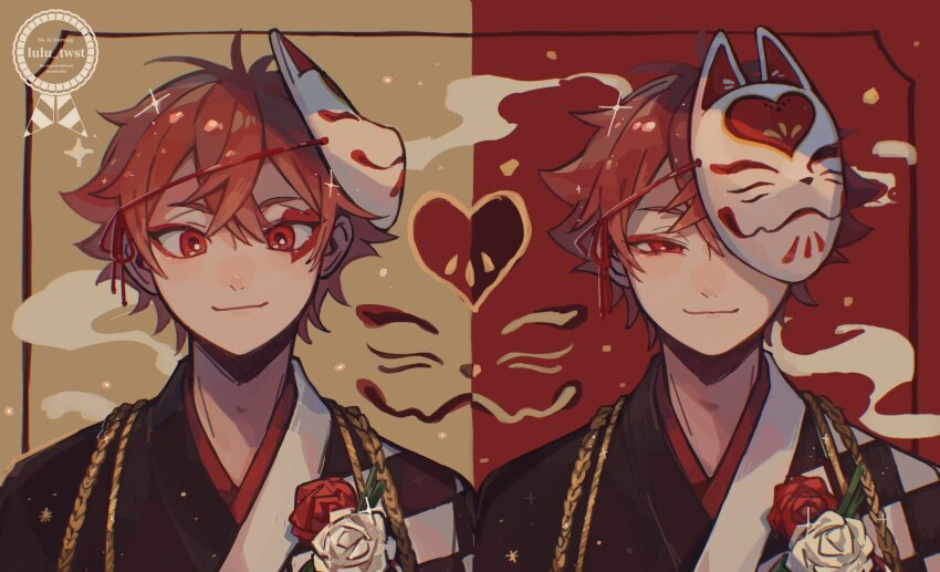 ace_trappola, ace_trappola_(new_year's_attire), closed_mouth, flower, highres, looking_at_viewer, lulu_twst, male_focus