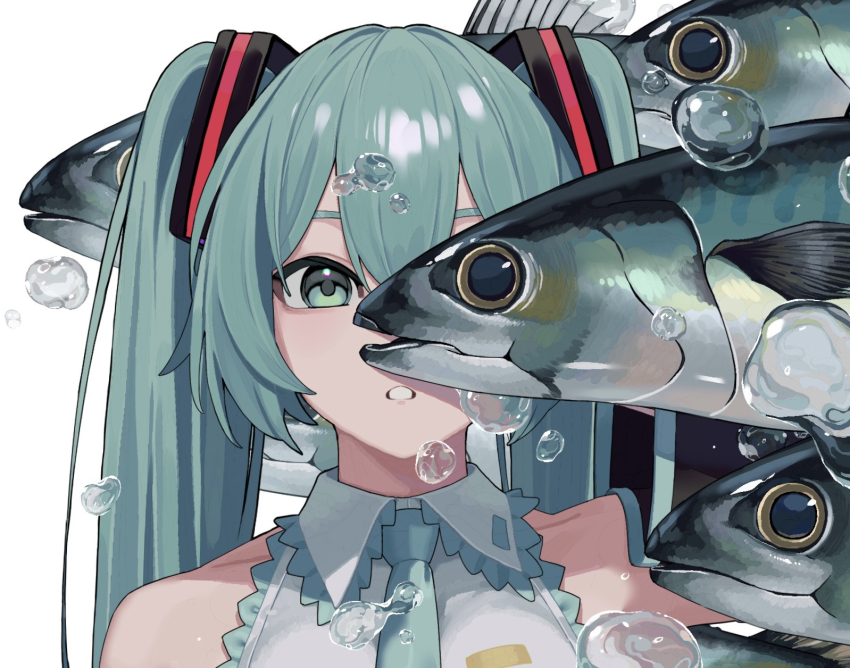 1girl, aqua_eyes, aqua_hair, aqua_necktie, arm_up, asa_(o0_asa_0o), black_sleeves, commentary_request, detached_sleeves, fish, grey_shirt, hatsune_miku, highres, long_hair, looking_at_viewer, mackerel_(fish), necktie, parted_lips, shirt, solo, twintails, upper_body, vocaloid, water_drop, white_background, wing_collar