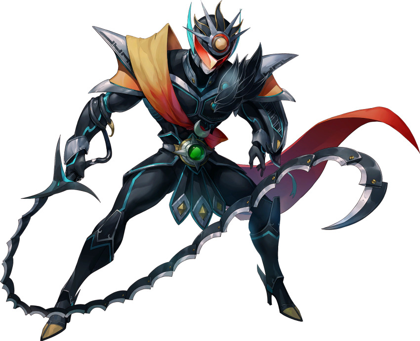 1boy, artist_request, assault_visor, closed_mouth, crescent, erytheia_(persona), full_body, highres, holding, holding_weapon, official_art, persona, persona_(summon), persona_5, persona_5:_the_phantom_x, simple_background, solo, standing, third-party_source, transparent_background, weapon