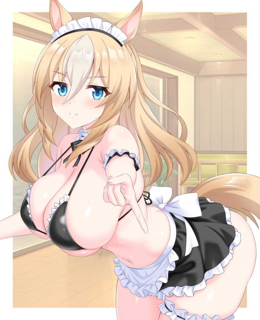 1girl, animal_ears, apron, bare_shoulders, bikini, bikini_skirt, black_bikini, black_bow