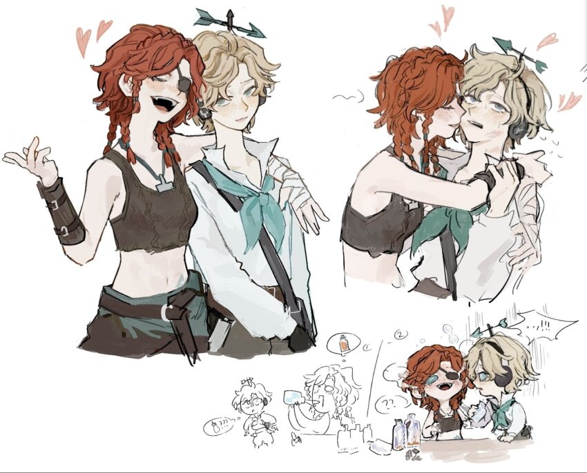 2girls, after_kiss, androgynous, arm_around_shoulder, arms_around_neck, bag, bandaged_hand, bandages, belt, blonde_hair, blue_bow, blue_bowtie, blue_eyes, blush, bow, bowtie, braid, brown_shirt, brown_shorts, brynhildr_vilulf, chibi, chibi_inset, closed_eyes, collarbone, commentary_request, crop_top, crossbody_bag, drunk, eyepatch, freckles, gloves, hair_between_eyes, hand_up, headphones, heart, identity_v, jewelry, korean_commentary, lipstick_mark, lipstick_mark_on_face, long_hair, midriff, multiple_braids, multiple_girls, navel, necklace, open_mouth, orange_hair, puffy_sleeves, shirt, short_hair, shorts, single_bracer, smile, tangtuktak, teeth, tomboy, upper_body, upper_teeth_only, wavy_hair, weather_vane, wendy_foote, white_shirt, yuri