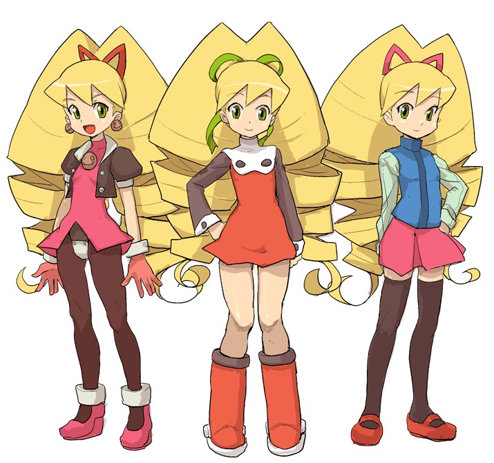 bad_id, black_thighhighs, blonde_hair, boots, bow, cosplay, cropped_jacket, earrings