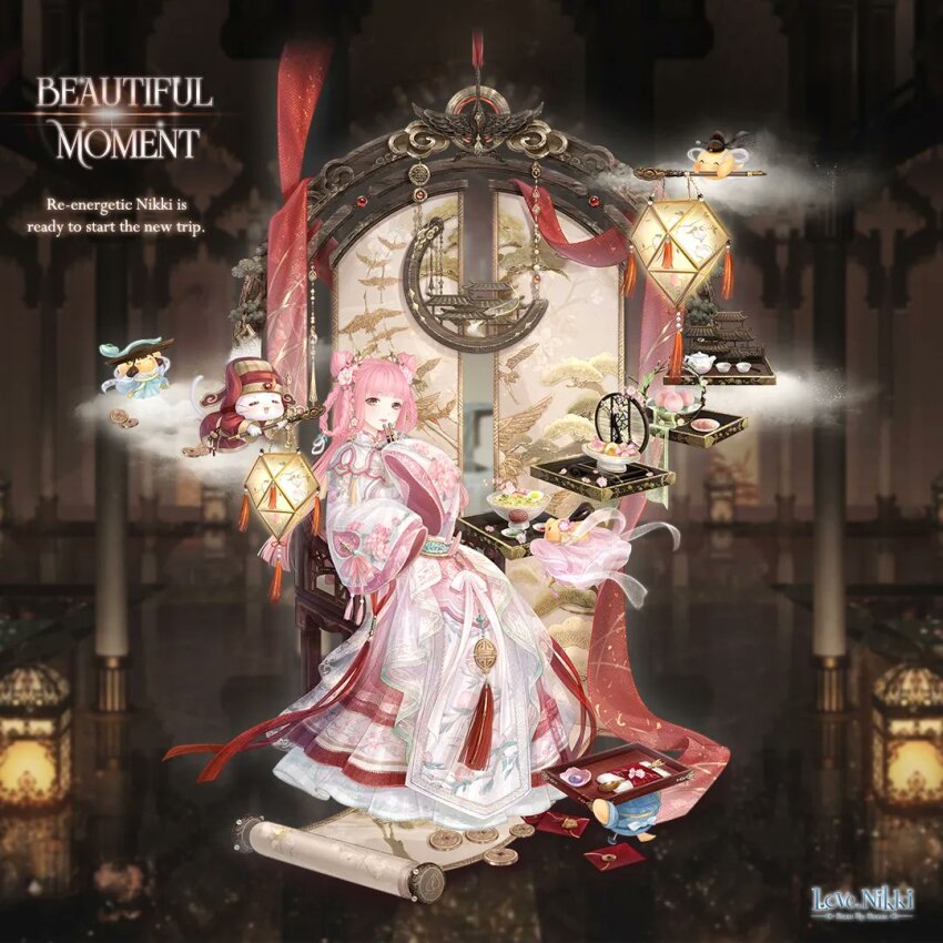 1girl, =_=, animal, artist_request, beautiful_moment_(miracle_nikki), blunt_bangs, braid, braided_hair_rings, brown_eyes, capelet, cat, chair, character_name, chinese_clothes, closed_mouth, clothed_animal, cloud, coin, copyright_logo, cosmetics, dessert, english_text, fan_to_mouth, floral_print, flower, folded_fan, folding_fan, food, full_body, gifty_(nikki), gold_coin, hair_flower, hair_ornament, hair_rings, hand_fan, hanfu, happy, hat, holding, holding_fan, holding_lantern, holed_coin, indoors, lantern, lipstick, logo, long_hair, long_sleeves, looking_at_viewer, makeup, miracle_nikki, momo_(nikki), nikki_(nikki), nikki_(series), official_alternate_costume, official_art, on_chair, pillar, pink_hair, pink_ribbon, print_sleeves, red_hanfu, red_hat, red_lips, red_ribbon, ribbon, scroll, sitting, sleeve_ribbon, sleeves_past_wrists, tassel, teapot, third-party_source, tray, twin_braids, whiskers, white_capelet, white_cat, white_hanfu, yunjian