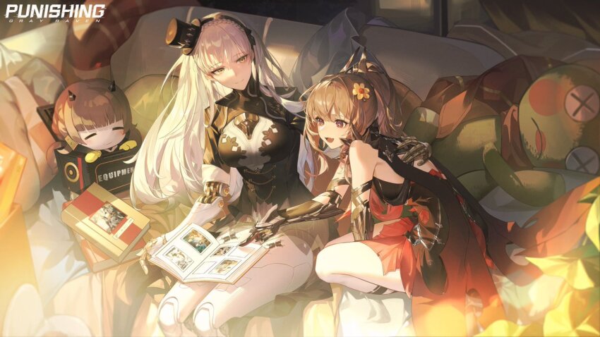 2girls, :d, arm_up, between_legs, black_shrug, book, book_on_lap, box