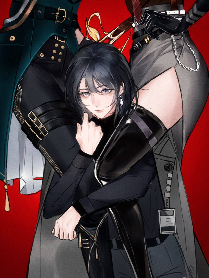 3girls, augustus_(path_to_nowhere), closed_mouth, commentary_request, hand_on_own_hip, highres, hugging_another's_leg, kirihara_(kiri)