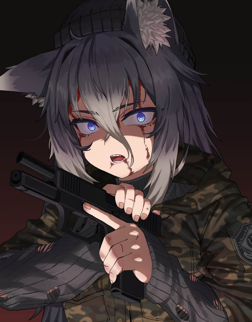 1girl, absurdres, animal_ear_fluff, animal_ears, black_hat, black_sweater, blood, blood_on_face