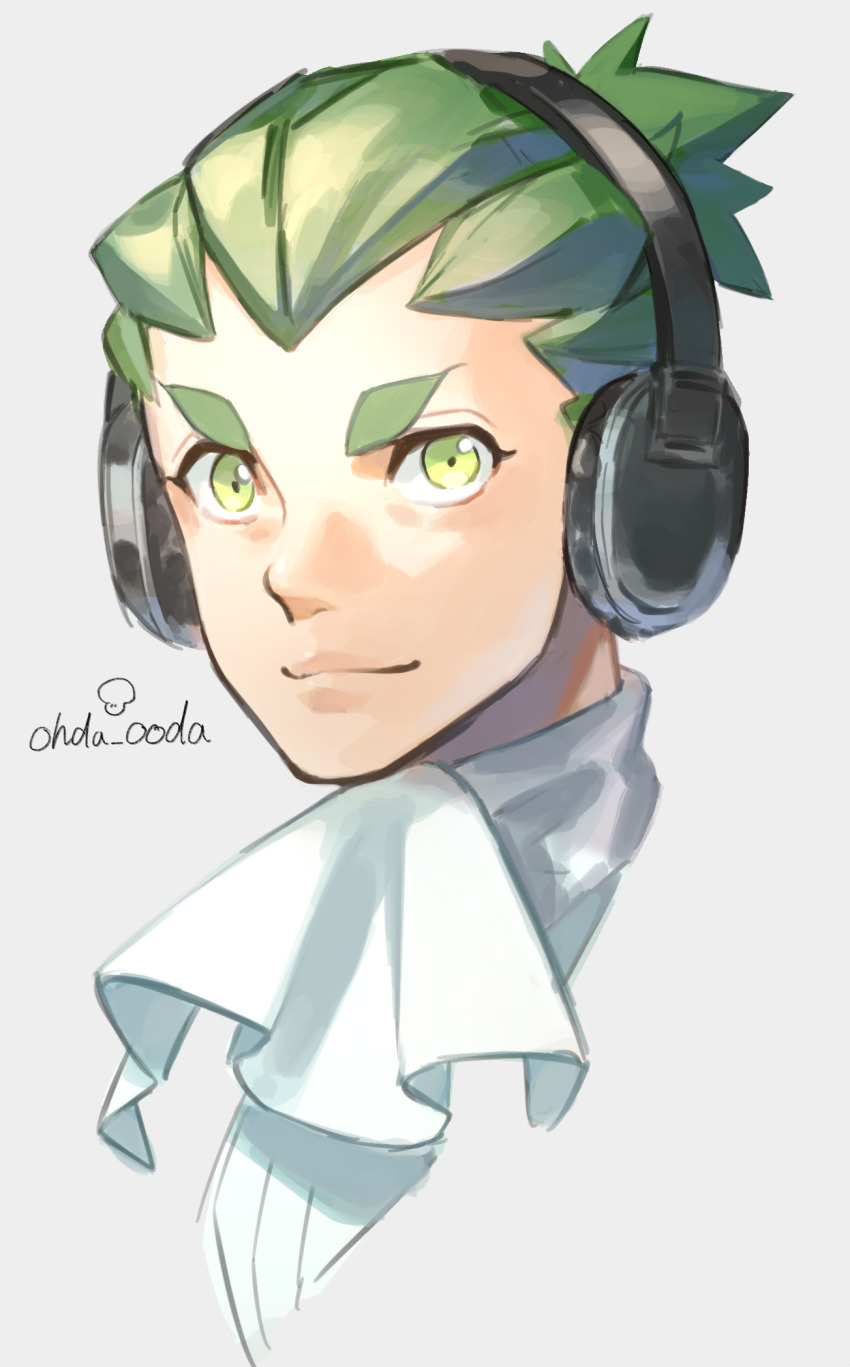 1boy, 2bro., ascot, closed_mouth, commentary_request, green_eyes, green_hair, grey_background