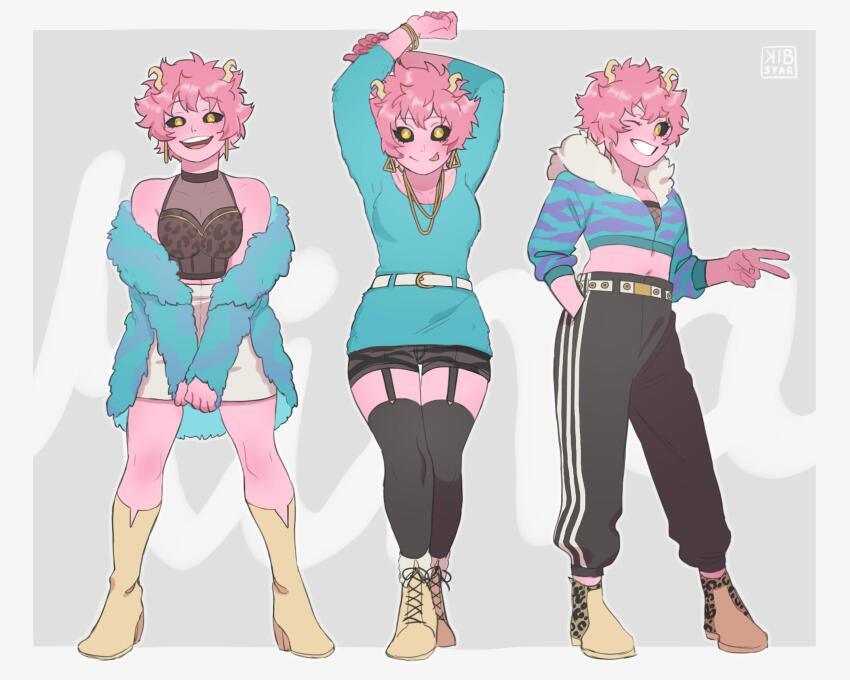 1girl, alternate_costume, aqua_coat, arms_up, ashido_mina, bare_shoulders, belt, black_pants
