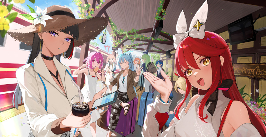 6+girls, absurdres, ahoge, ailushin, arm_up, backpack, bag, bare_shoulders