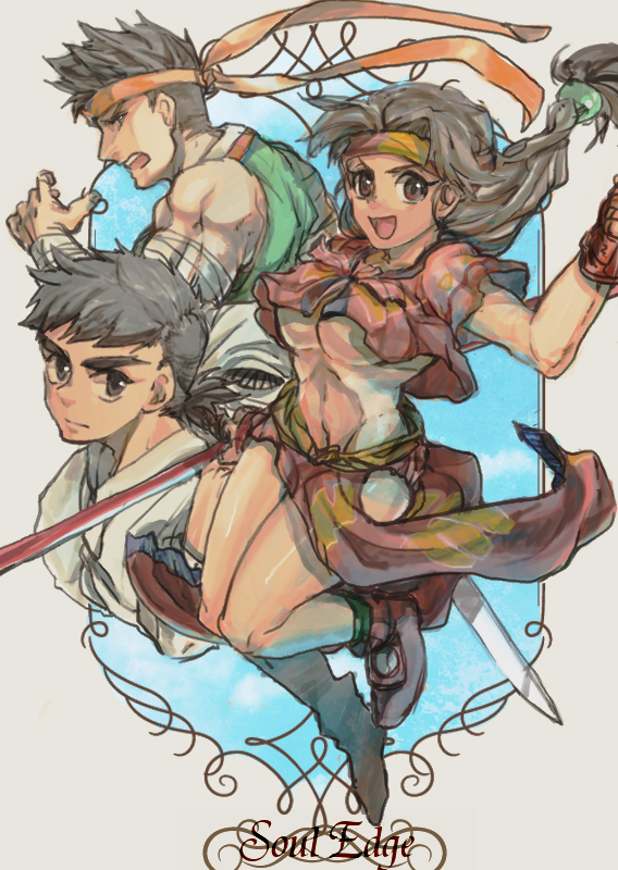 1girl, 2boys, black_eyes, black_hair, breasts, brown_eyes, brown_hair, character_request