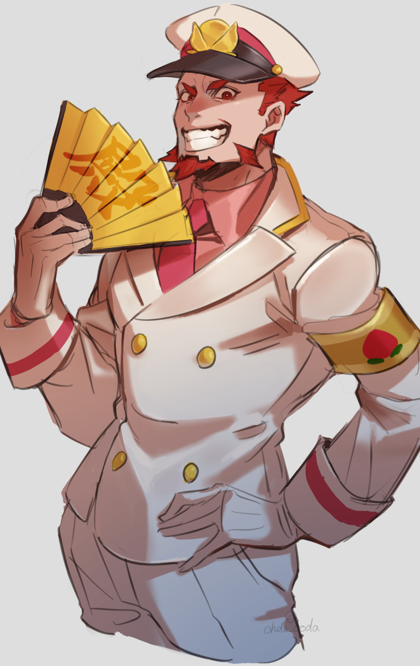 1boy, 2bro., absurdres, commentary_request, folding_fan, gloves, grin, hand_fan