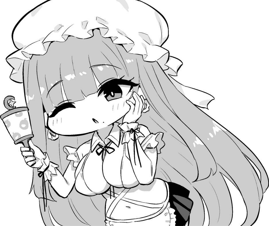 1girl, azur_lane, azur_lane:_slow_ahead, breasts, chibi, chibi_only, cleavage, greyscale