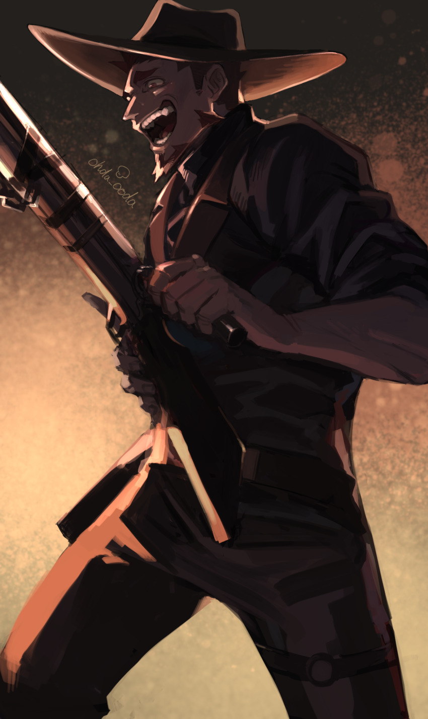 1boy, 2bro., absurdres, beard, black_pants, black_shirt, commentary_request, cowboy_hat