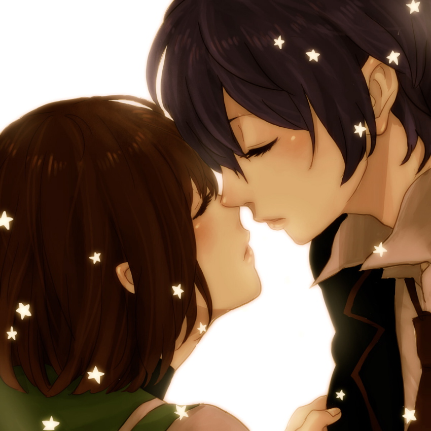 10s, 1boy, 1girl, blazer, blue_hair, brown_hair, closed_eyes, highres