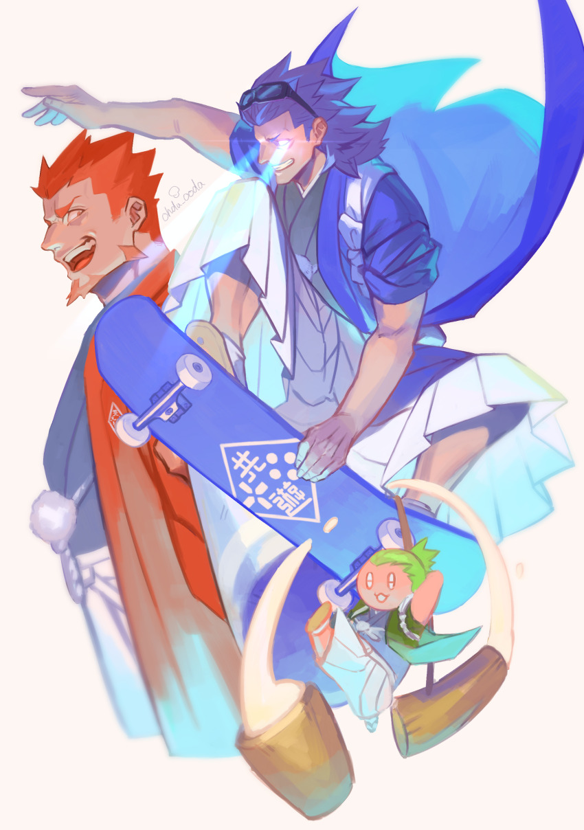 2bro., 3boys, absurdres, anija_(2bro.), beard, blue_hair, commentary_request, eye_beam