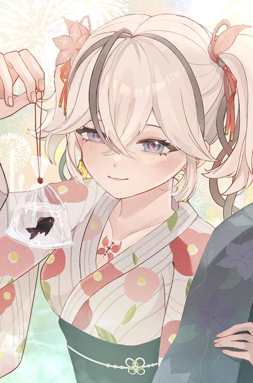 1010_(wuthering1010), 1girl, 1other, absurdres, alternate_costume, bag, bagged_fish, black_eyes, black_flower, black_goldfish, black_sash, blake_bloom_(wuthering_waves), breasts, camellya_(wuthering_waves), closed_mouth, collarbone, commentary_request, earrings, fish, flower, gold_earrings, goldfish, hair_flower, hair_ornament, hair_ribbon, hair_vines, highres, holding, japanese_clothes, jewelry, kimono, light_blush, looking_at_viewer, medium_breasts, obi, obijime, plastic_bag, red_pupils, red_ribbon, revision, ribbon, sash, short_hair, smile, tacet_mark_(wuthering_waves), white_kimono, wuthering_waves