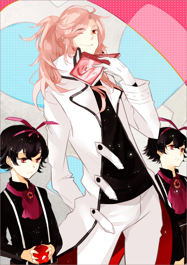 10s, 3boys, amane_mio, apple, black_hair, book, food, fruit