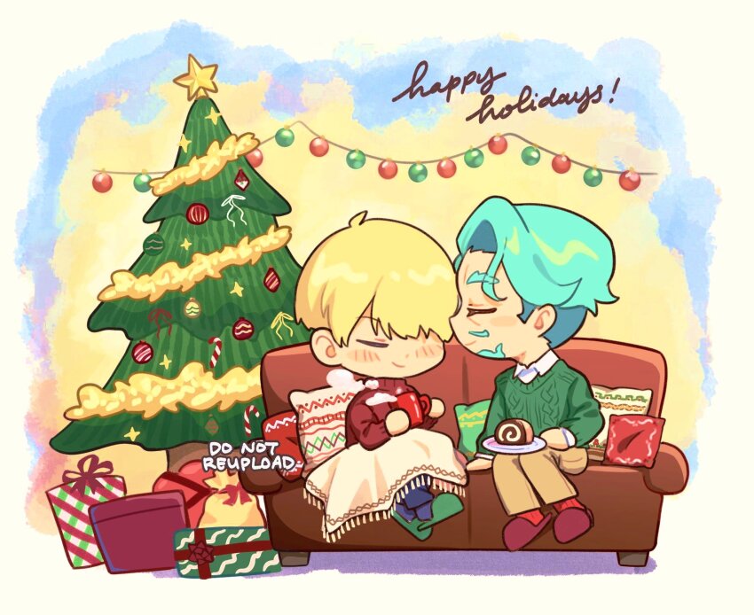 2boys, alternate_costume, arm_support, beard, blanket, blanket_over_legs, blonde_hair, blue_pants