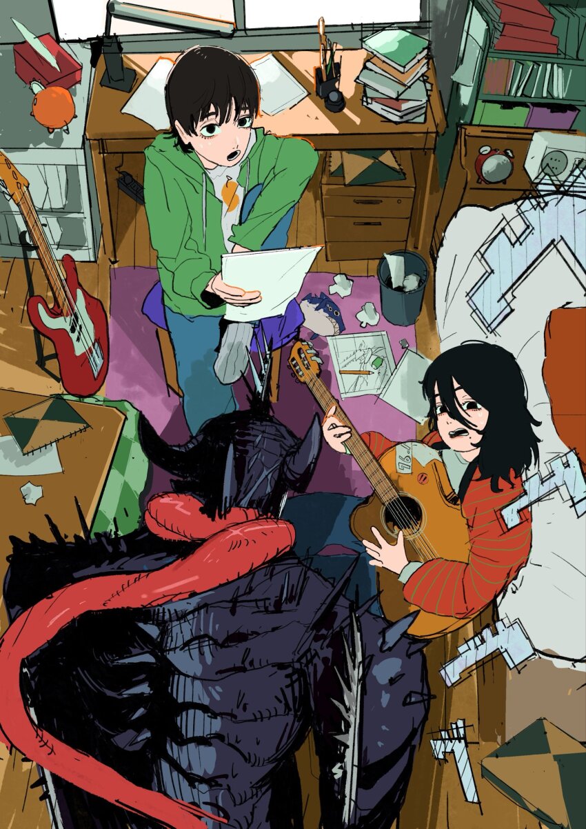 1boy, 2girls, black_eyes, black_hair, book, chainsaw, chainsaw_devil, chainsaw_man, coat, electric_guitar, fujino_(look_back), grey_jacket, guitar, haori, highres, holding, holding_guitar, holding_instrument, indoors, instrument, intestine_clothing, intestines, jacket, japanese_clothes, kyomoto_(look_back), long_sleeves, look_back, mole, mole_under_mouth, multiple_girls, nineinsweet, open_mouth, pile_of_books, red_haori, striped_coat, vertical-striped_coat