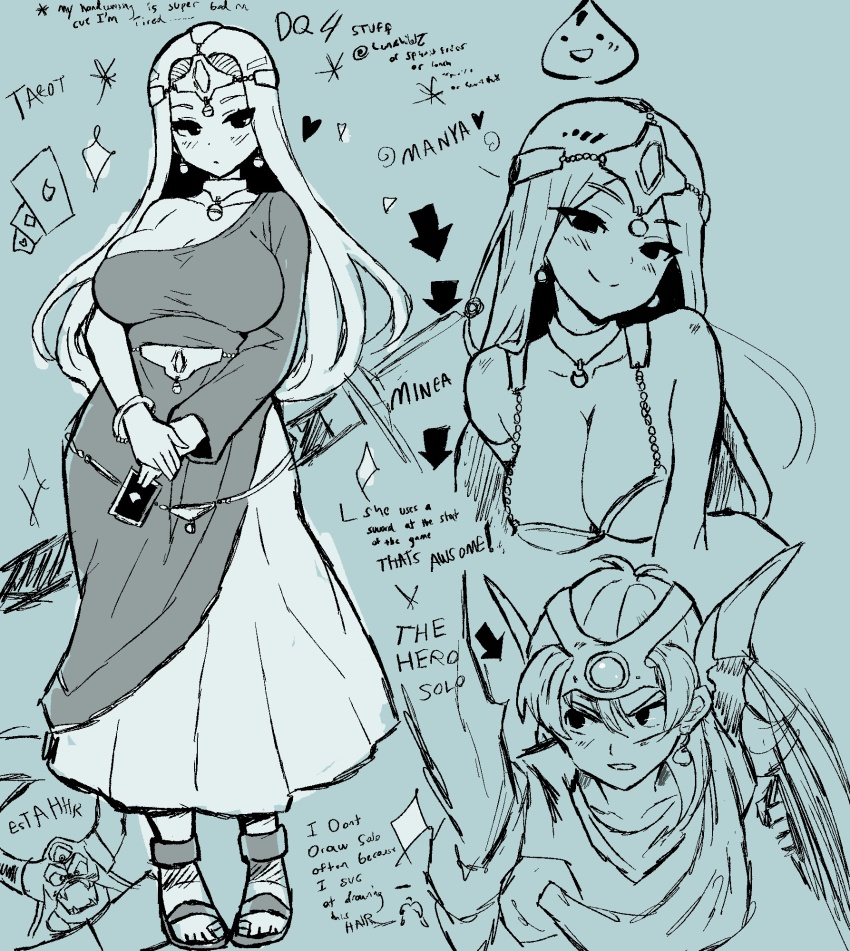 1boy, 2girls, armor, arrow_(symbol), bikini_armor, breasts, card, character_name