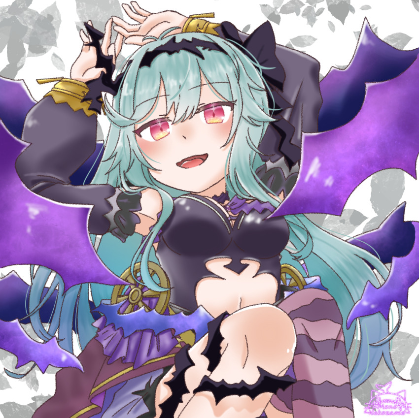 1girl, aqua_hair, arms_up, breasts, chaos_aurora_(grimms_notes), grimms_notes, long_hair, monorium89, navel, red_eyes, smile, solo, thorns