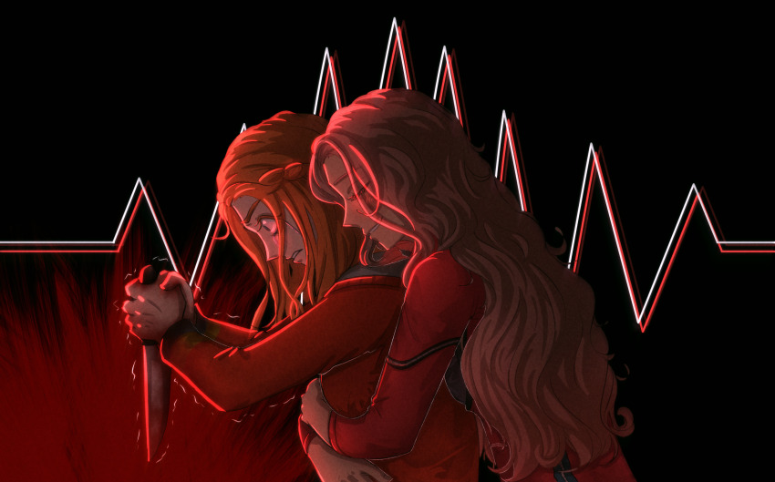 2girls, blood, bloody_weapon, brown_hair, closed_eyes, commentary, diana_(kyokugen_dasshutsu), english_commentary