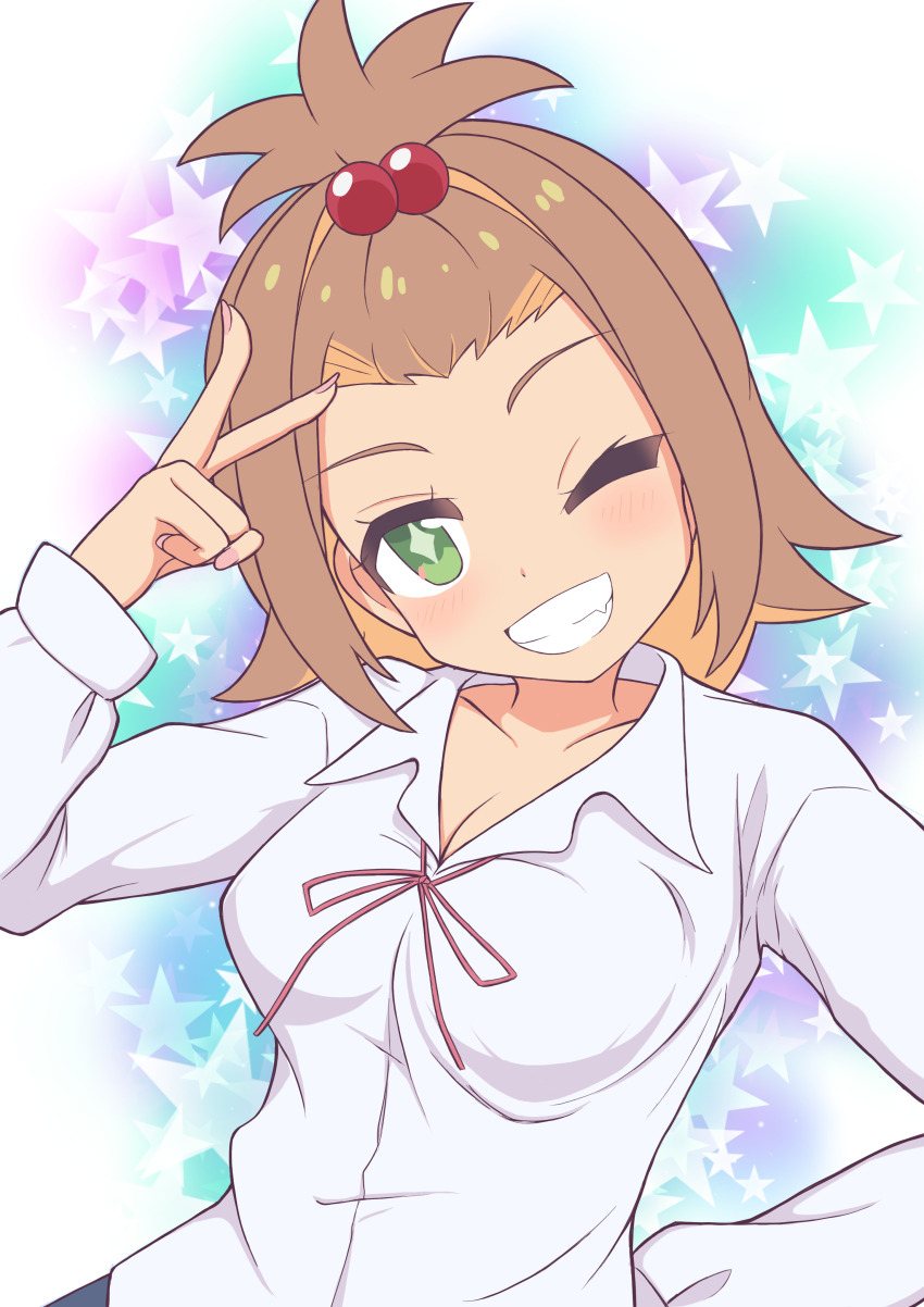 1girl, ;), absurdres, alternate_breast_size_(larger), bangs_pinned_back, blush, breasts, brown_hair